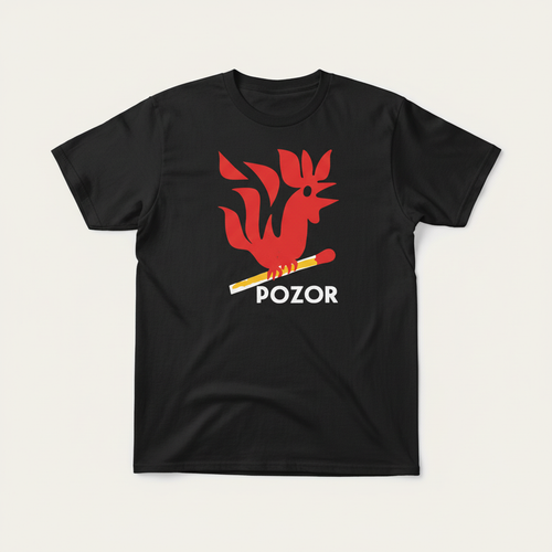 Black t-shirt with bold red vintage Czechoslovak POZOR rooster graphic printed on the chest
