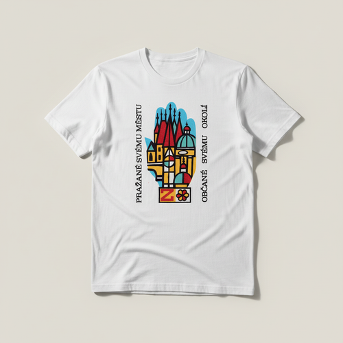 White t-shirt with vintage Czechoslovak Prague cityscape hand graphic printed on the chest