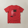 Red t-shirt with vintage Czechoslovak black cat and spiderweb graphic printed on the chest