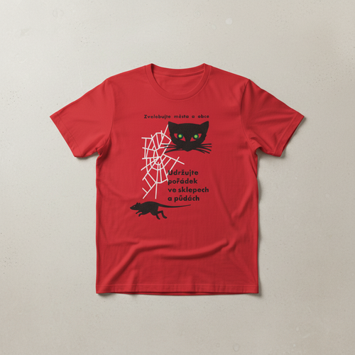 Red t-shirt with vintage Czechoslovak black cat and spiderweb graphic printed on the chest